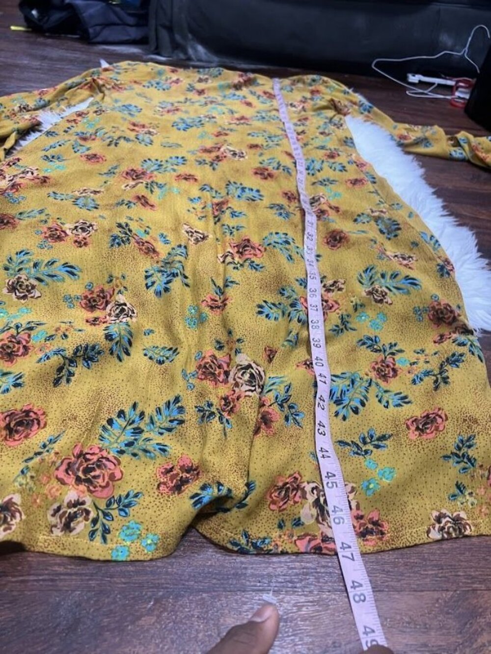 Floral Yellow Wrap Midi Dress M With Tie Waist & Long Sleeves - Picture 5 of 8